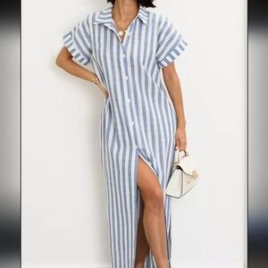 Anthropologie Blue White Striped Linen Blend Maxi Shirt Dress Women's Size Med